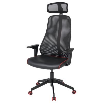 Black MATCHSPEL gaming chair with red accents, mesh back, adjustable headrest.