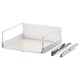 Displays a white MAXIMERA drawer with two metal runners, designed for smooth and silent closing.