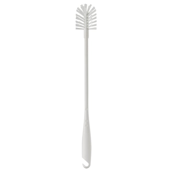 White bottle brush with long handle for cleaning bottles and jars, includes hook.