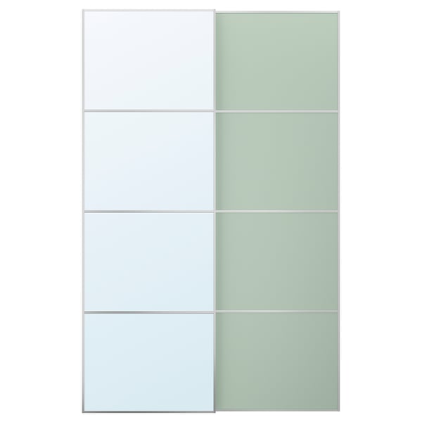 The is: ikea MEHAMN/AULI: white and green glass sliding door panels with aluminum frames.
