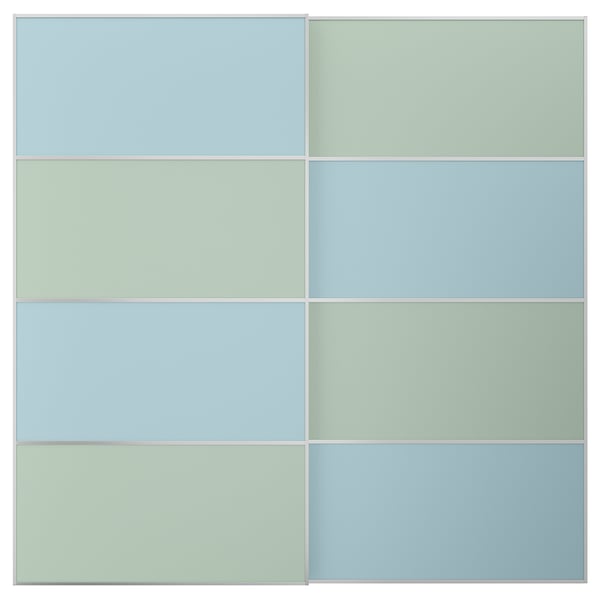 MEHAMN sliding doors: light blue & green panels, aluminium frame, square/rectangle shape, two-tone design.