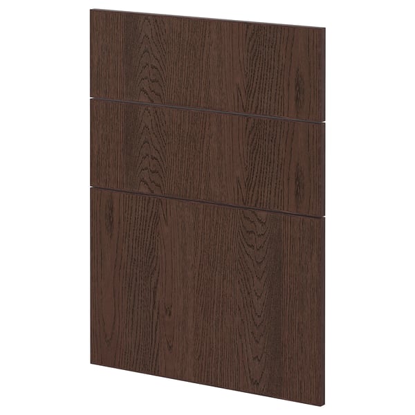 A dark brown wooden kitchen cabinet door with clean horizontal lines and a solid wood edge.