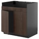 Modern kitchen unit, black & dark brown, square, with wooden doors.