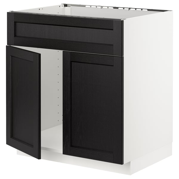 METOD kitchen cabinet with black lerhyttan fronts and beveled edges, two doors and one drawer.