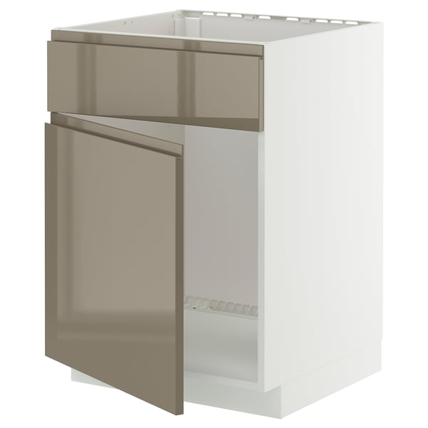 White METOD cabinet with metallic dark grey-brown glossy doors, sleek handle-less design, sturdy frame.