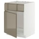 White METOD cabinet with metallic dark grey-brown glossy doors, sleek handle-less design, sturdy frame.