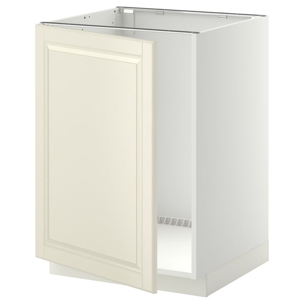 A white base cabinet from the METOD kitchen system with bodbyn off-white doors, featuring a traditional design with bevelled edges.