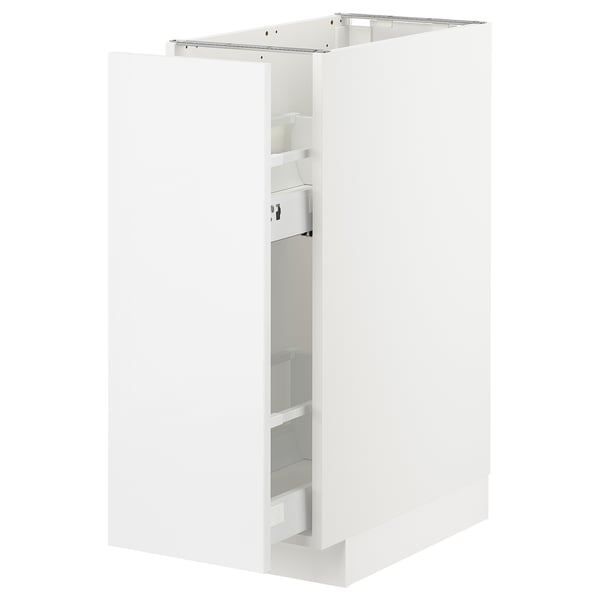 METOD white kitchen cabinet, modern, glossy, rectangular, with pull-out shelves.