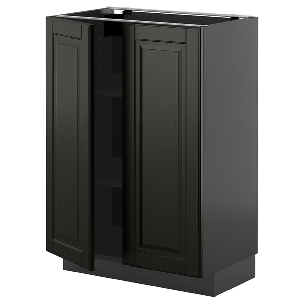 Dark gray METOD kitchen cabinet with beveled bodbyn fronts, square shape, sturdy frame, and adjustable shelves.