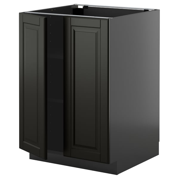 Black METOD kitchen cabinet with beveled edges and adjustable shelves.