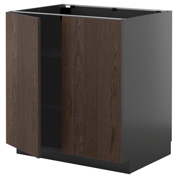 METOD kitchen unit: gray base, dark brown wood doors, square shape, modern design.