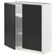 A modern white and black METOD cabinet with two black doors open, revealing white adjustable shelves inside. The design is sleek and contemporary.