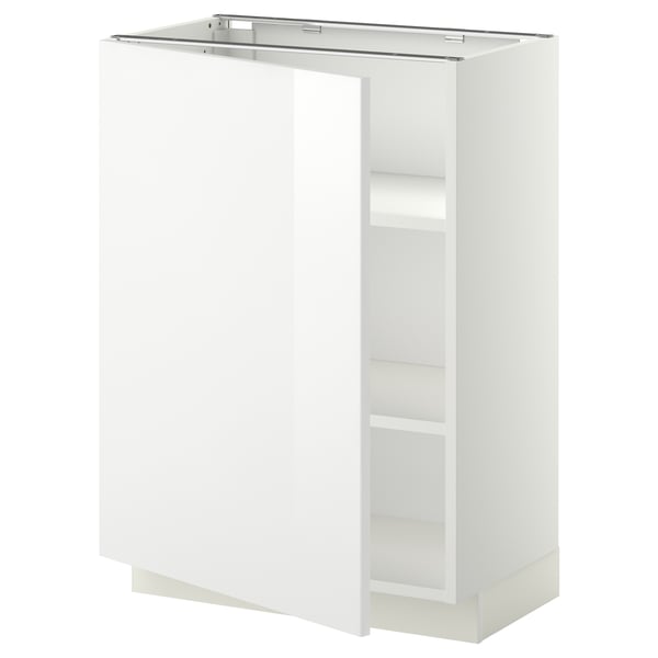White METOD kitchen cabinet, glossy finish, square shape, with shelves.