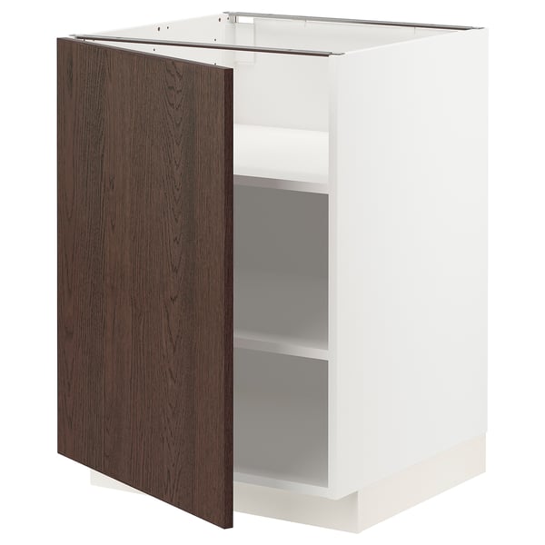 Ikea METOD white cabinet, dark brown sinarp door, open, modern kitchen unit.