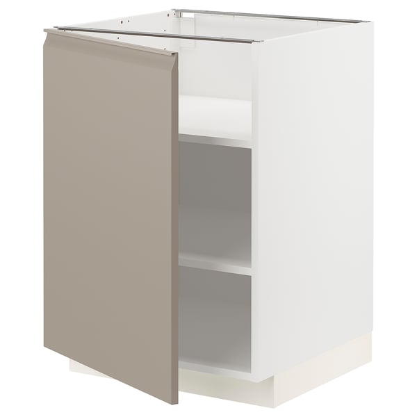 A white METOD kitchen cabinet with a grey-beige door, featuring a sleek, modern design and integrated handle.