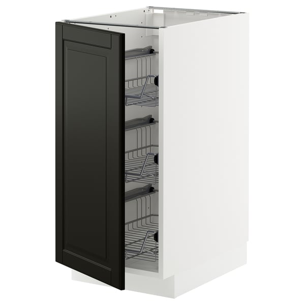 A white METOD kitchen cabinet with a black bodbyn door, featuring pull-out wire baskets.