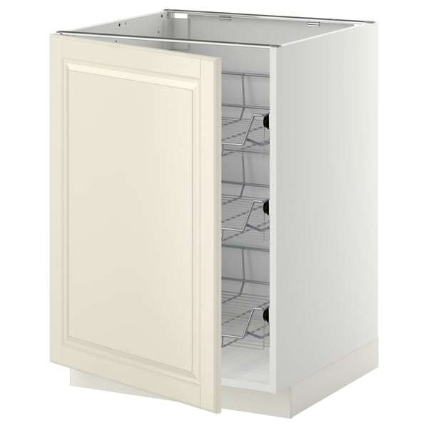 An open white METOD kitchen cabinet with wire shelves.