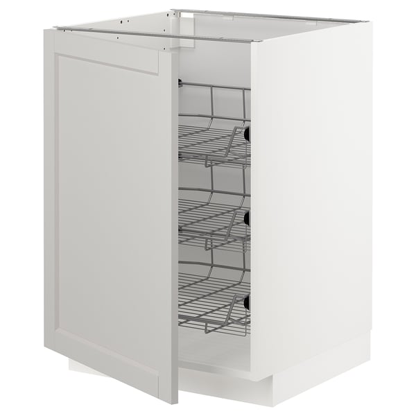 White METOD kitchen cabinet with pull-out wire shelves and hinged door.