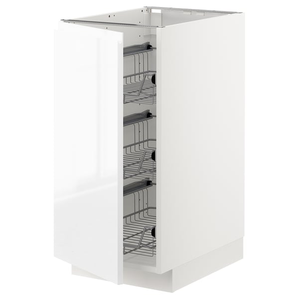 White high gloss kitchen cabinet with wire shelves.