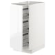 White high gloss kitchen cabinet with wire shelves.