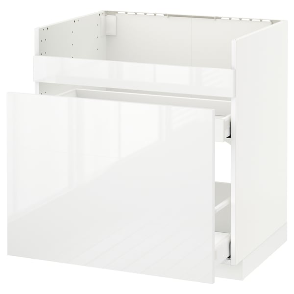White high-gloss kitchen cabinet with smooth drawers.