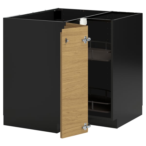 METOD Corner base cabinet with carousel, black-grey/Voxtorp oak effect, 88x88 cm
