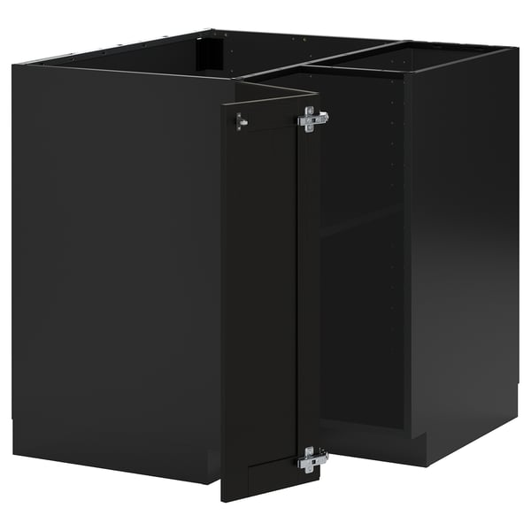 Black kitchen cabinet set, modern design with bevelled edges, made from ash and fiberboard.