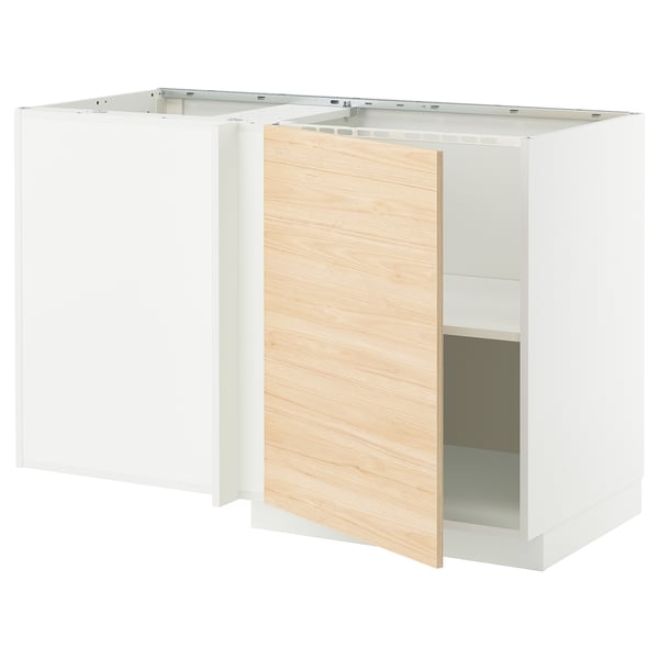 A white METOD kitchen cabinet with a light ash wood-patterned door. It a sturdy frame and a single adjustable shelf.