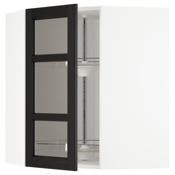 Black kitchen cabinet with frosted glass doors, part of ikeas METOD system. Adjustable shelves, traditional design.