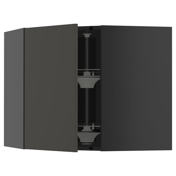 Black METOD kitchen corner unit with glass shelf.