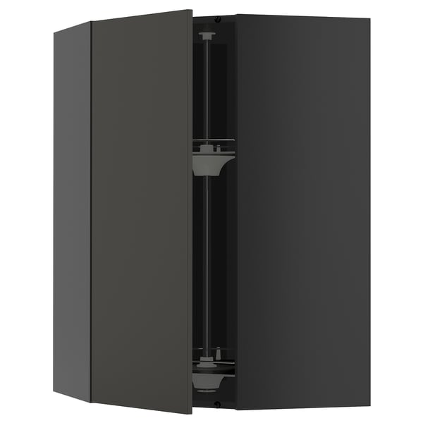 METOD kitchen unit, black, curved, modern, with glass shelf.