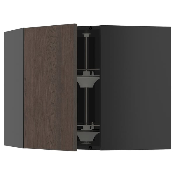 Dark wood and gray kitchen cabinet set with adjustable shelves and modern design.