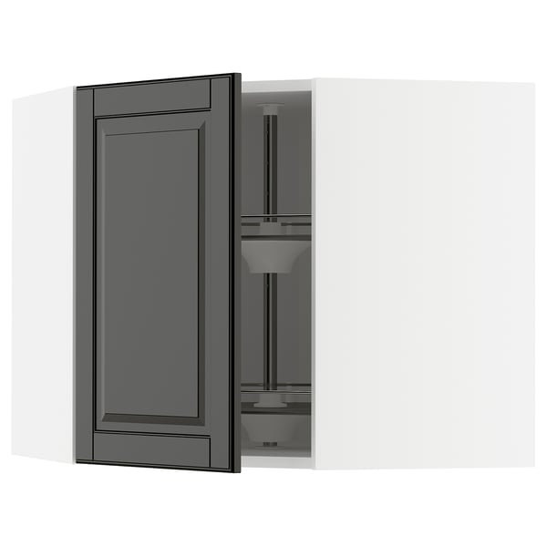 A gray ikea METOD kitchen cabinet with a black beveled edge door and an adjustable glass shelf.