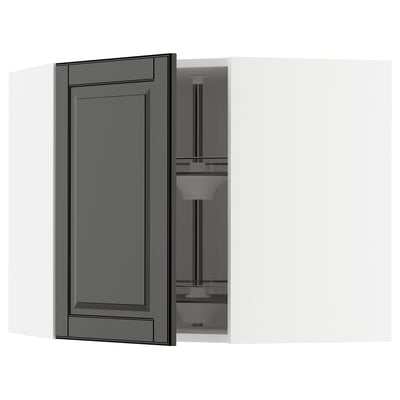 A gray ikea METOD kitchen cabinet with a black beveled edge door and an adjustable glass shelf.