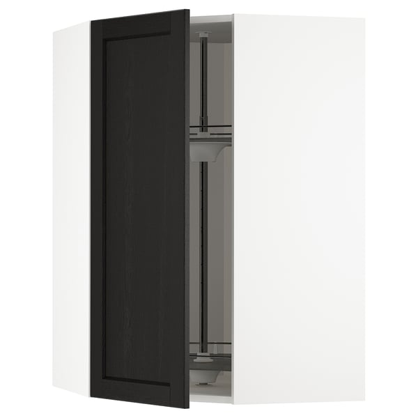 Modern black wooden kitchen cabinet with glass shelf.