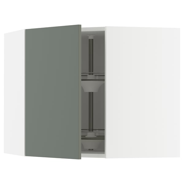 Open green-gray cabinet from ikea METOD series, with glass shelves.