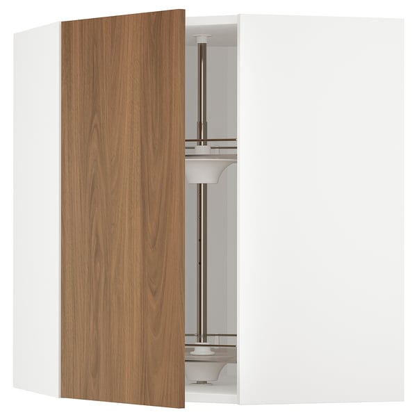 Modern walnut METOD kitchen cabinet with open glass shelf.
