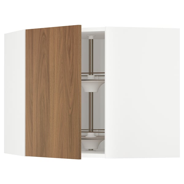 Modular kitchen cabinet in white with walnut door open, showing carousel.