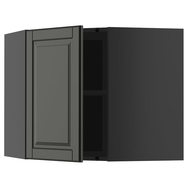 Dark gray kitchen cabinet with adjustable shelf, modern design.