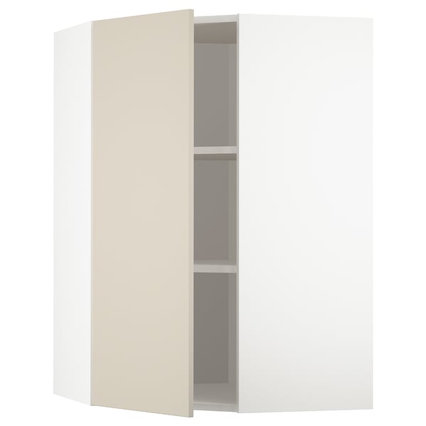 METOD white kitchen corner cabinet with beige door, three shelves.