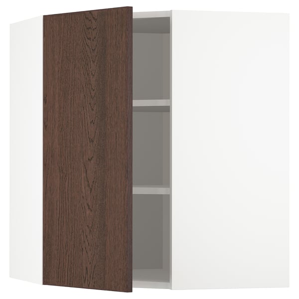 Open kitchen cabinet with dark brown wood door, adjustable shelf, modern design, white interior.