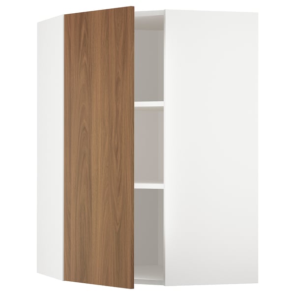 Modular kitchen unit: METOD; walnut doors, white cabinet; adjustable shelves; modern, minimalist design.