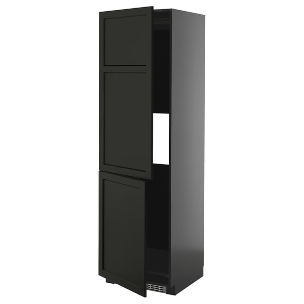 Black METOD kitchen cabinet, slim design, with dark wood finish, adjustable shelves, hinged doors.