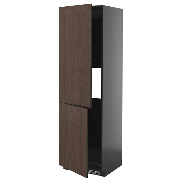 Dark wood and sleek black kitchen cabinet with adjustable shelves and solid wood edges.