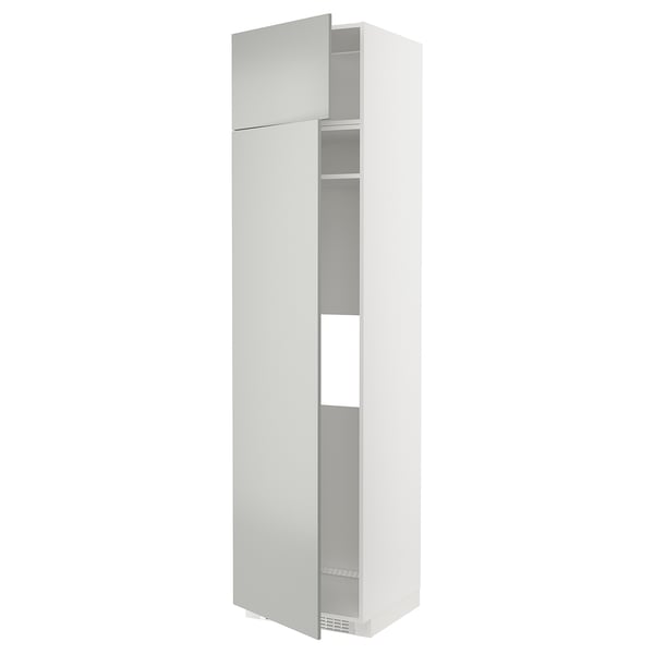 White tall storage cabinet, modern design with gray shelves.