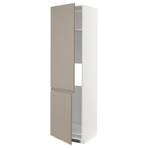 Tall white cabinet with beige doors, slim handles, three shelves.