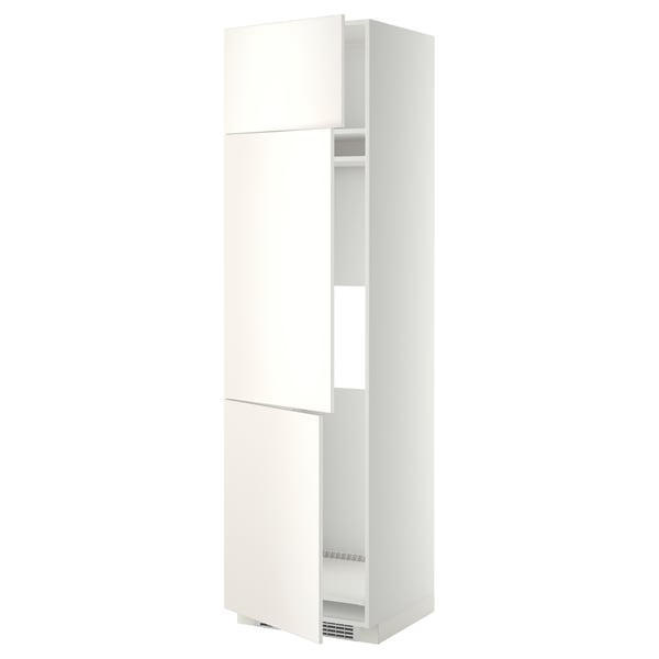 Image shows a white, tall cabinet with two adjustable shelves from ikeas METOD kitchen system, rectangular shape, smooth finish.