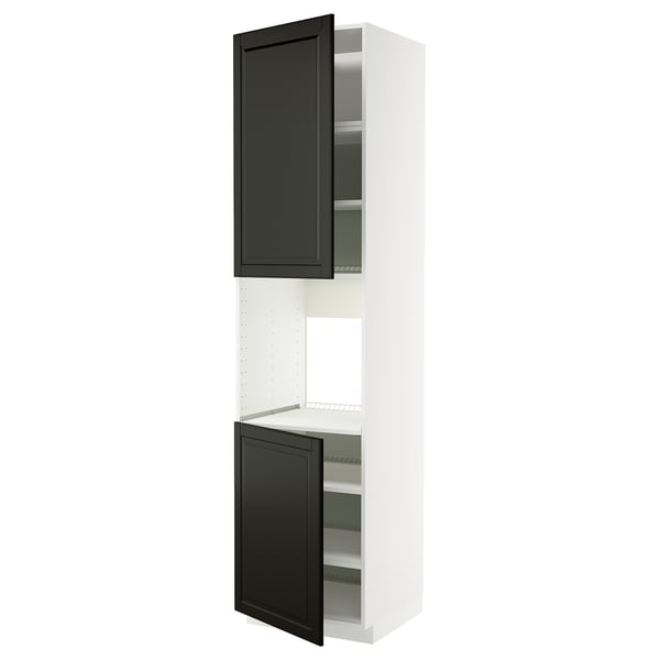 METOD kitchen cabinet in white with black doors, bevelled edges, adjustable shelves.