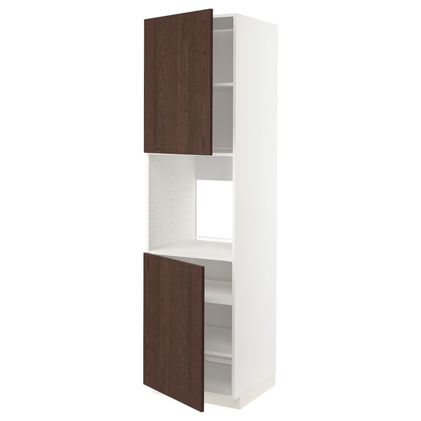 METOD tall white cabinet with dark brown wood-grain doors, open design.