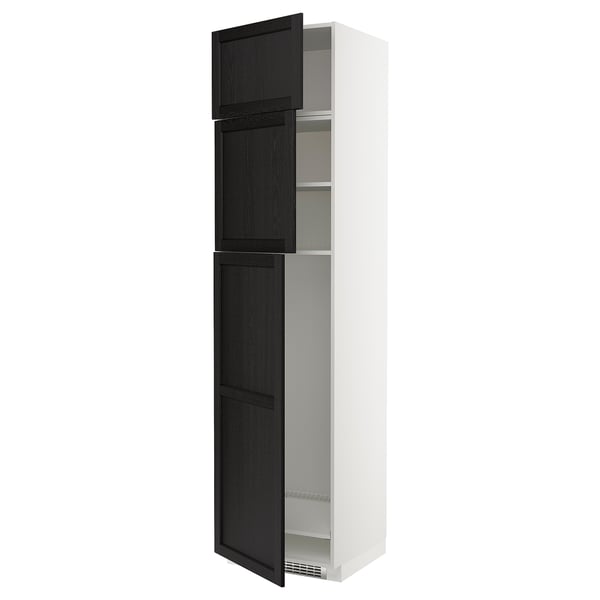 Modern kitchen cabinet, white with dark wood doors, tall, three shelves.